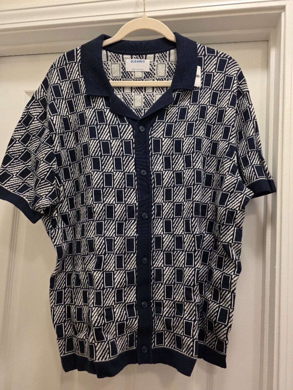 Old Navy Men's XL Geometric Knit Button Front Camp Shirt Navy Cream 100% Cotton